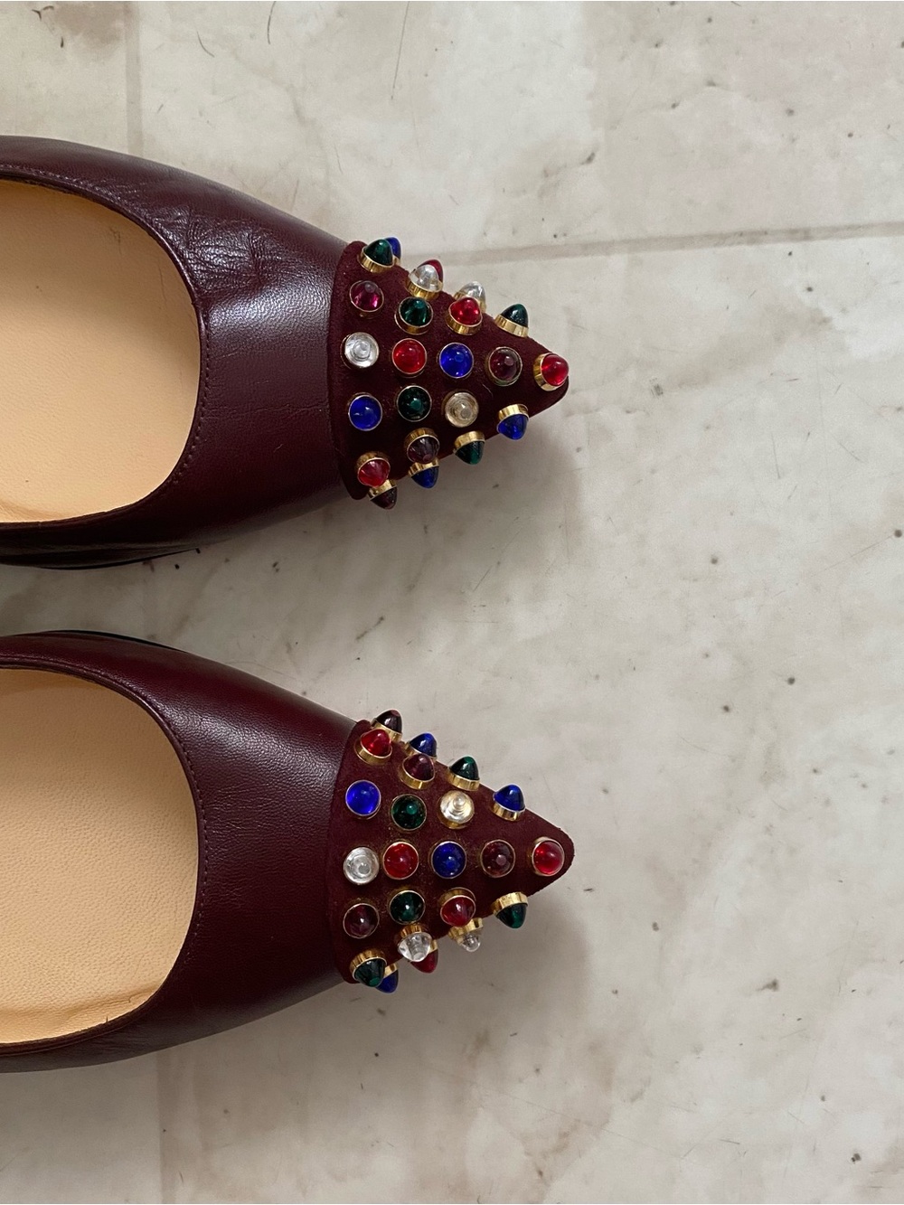 Christian Louboutin Cabo Burgundy Leather Studded Pointed Toe Ballet Flats 6.5 - Picture 5 of 10